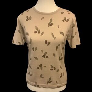 DALIA TAN LEAF PATTERN/ LAMBSWOOL BLEND SHORT SLEEVE SWEATER/ TOP/ Size M